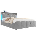 Upholstered Bed 140x200cm Hydraulic Storage LED Headboard USB/Type-C Velvet Grey