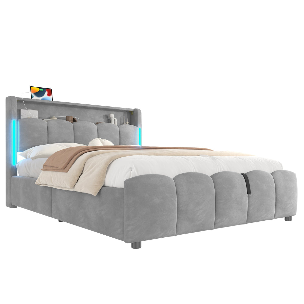 Upholstered Bed 140x200cm Hydraulic Storage LED Headboard USB/Type-C Velvet Grey