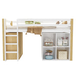 Children's Loft Bed with 2 Storage Cabinets and Ladder, 90x200cm, Natural and White