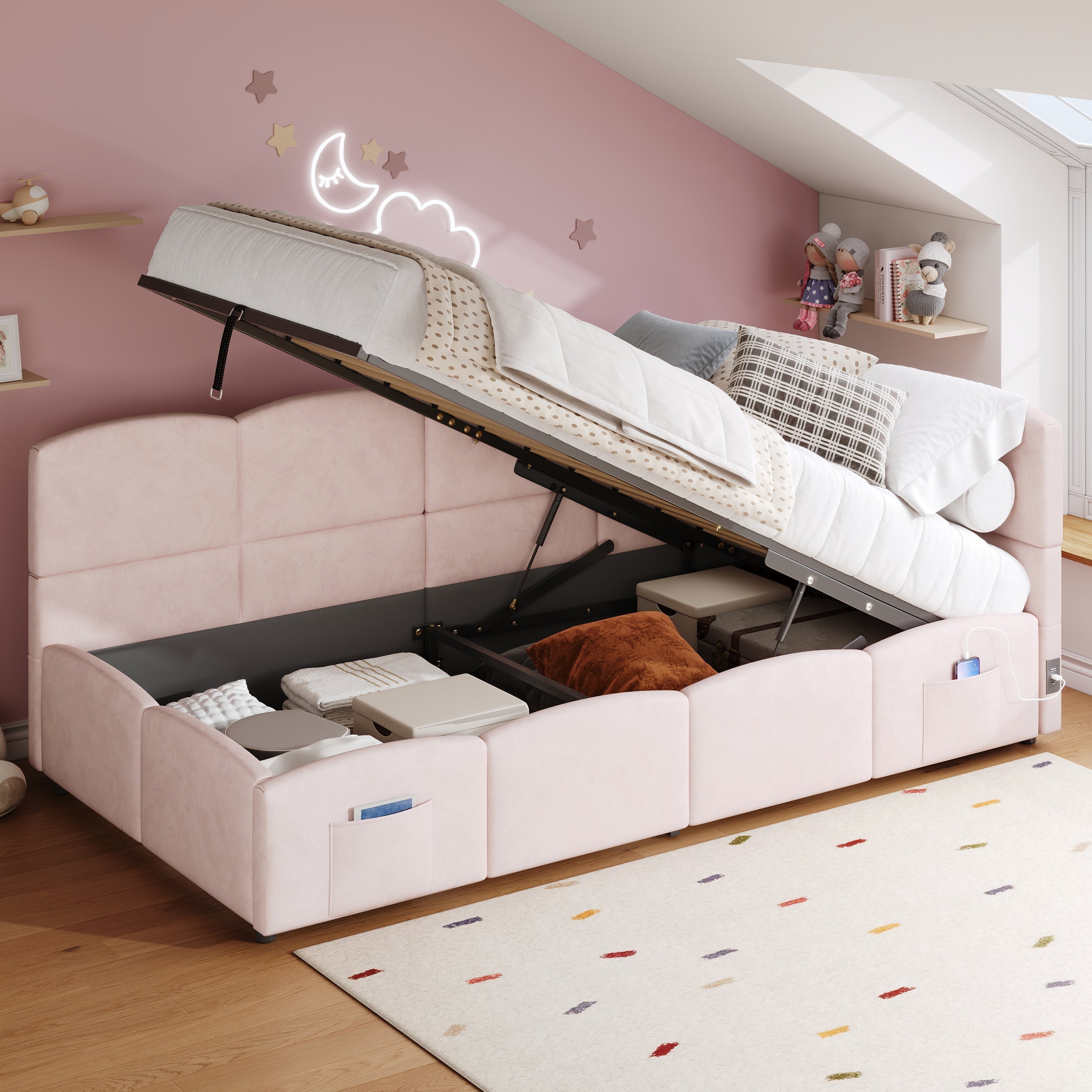 Upholstered Bed with USB Charger and Storage, 90x200cm, Pink Velvet