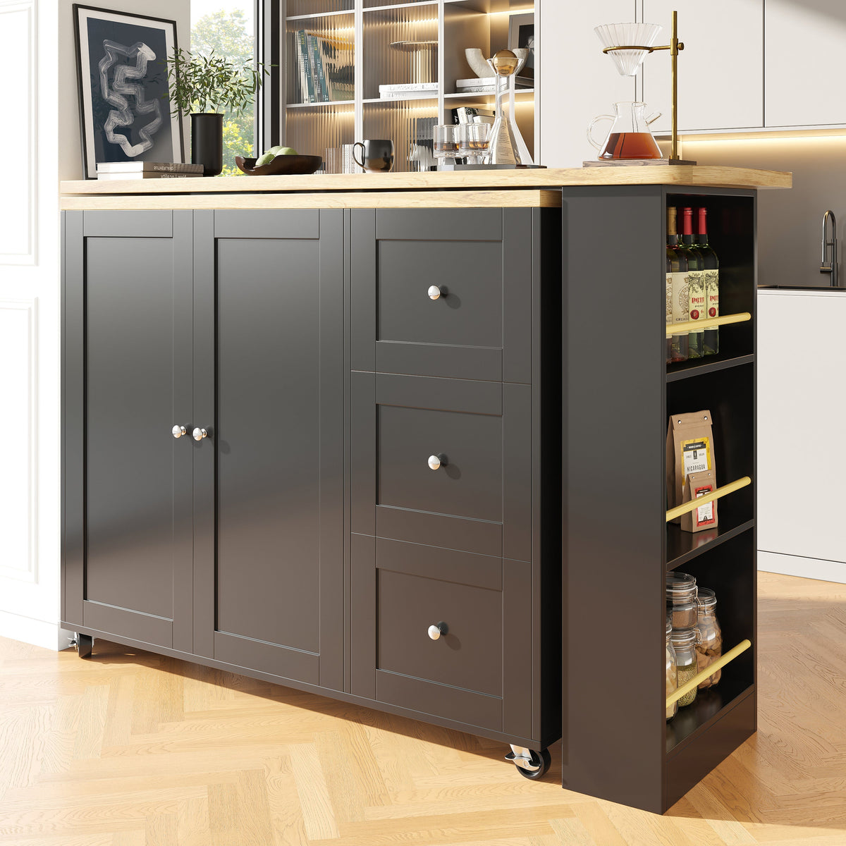 360° Rotating Bar Table Extendable On Casters Storage Island 3 Drawers Black
