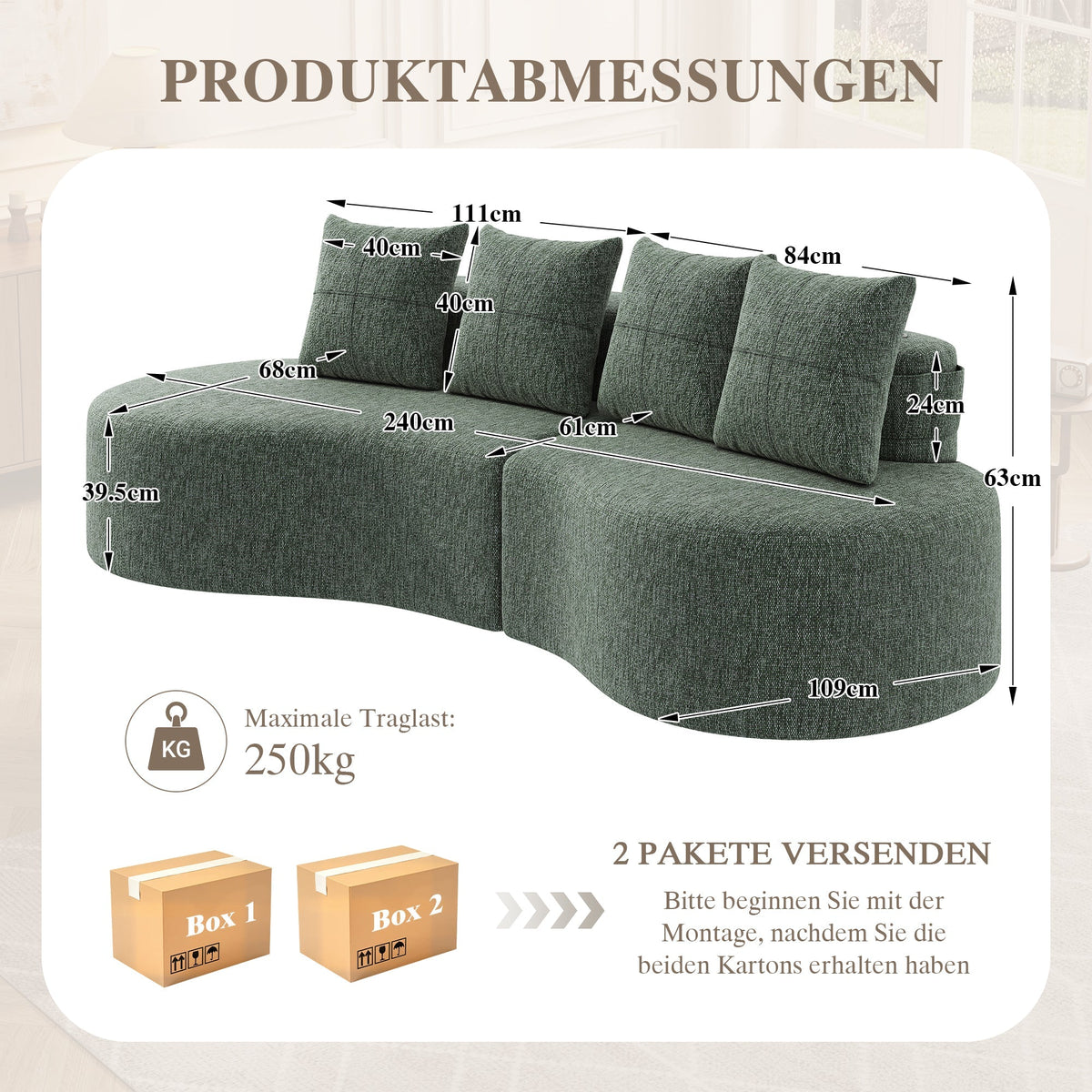 Linen Sofa with 4 Cushions, Cup Holder and Side Pocket, Green