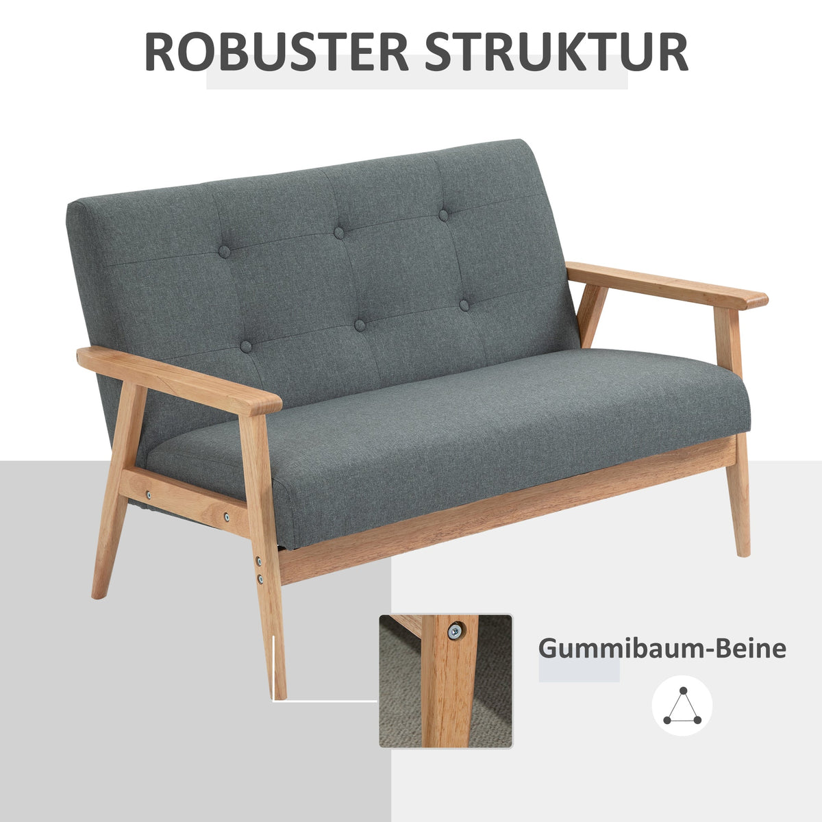 Double Sofa Loveseat, 2-Seater, Compact Design, Linen & Rubberwood, Grey