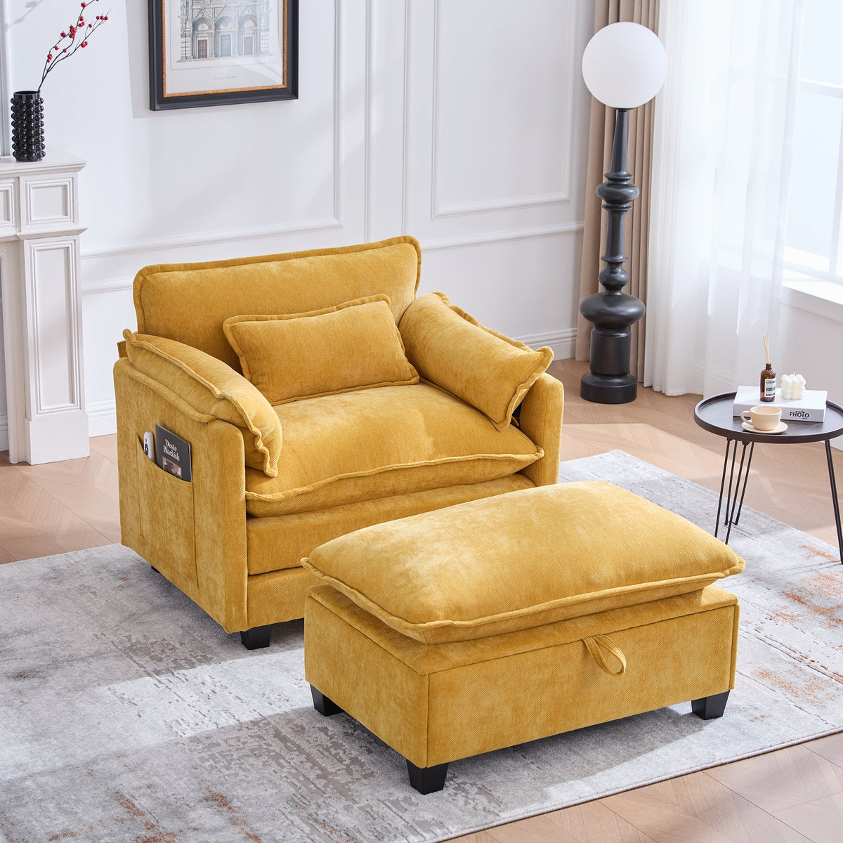Armchair, Oversized with Footrest & Stool, Velvet