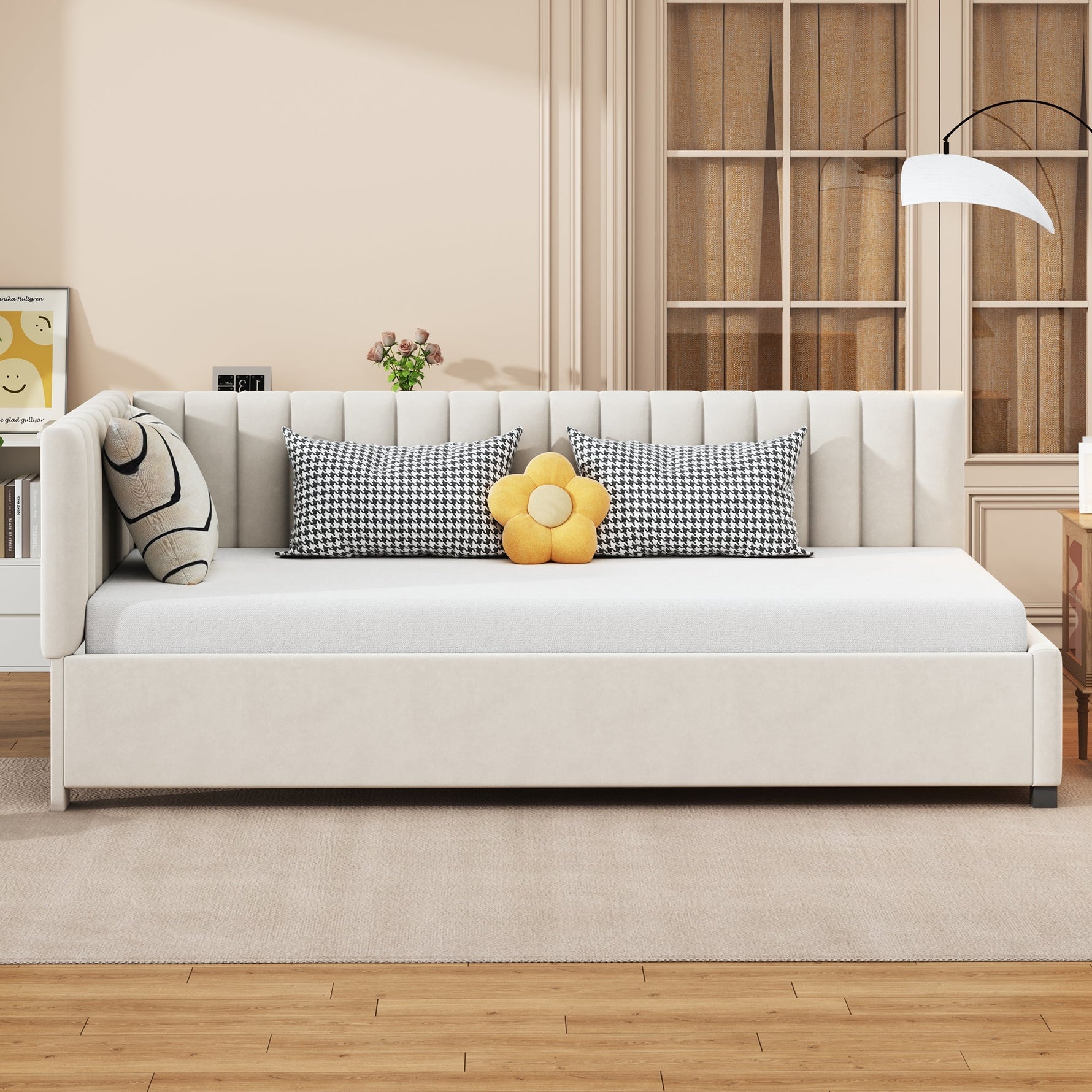 Upholstered Bed Sofa Bed, 90x200 Multifunctional with Slatted Frame, Beige Velvet Fabric