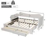 Upholstered Daybed with 2 Drawers, USB Port, 90x200cm Extendable to 180cm, Beige Velvet