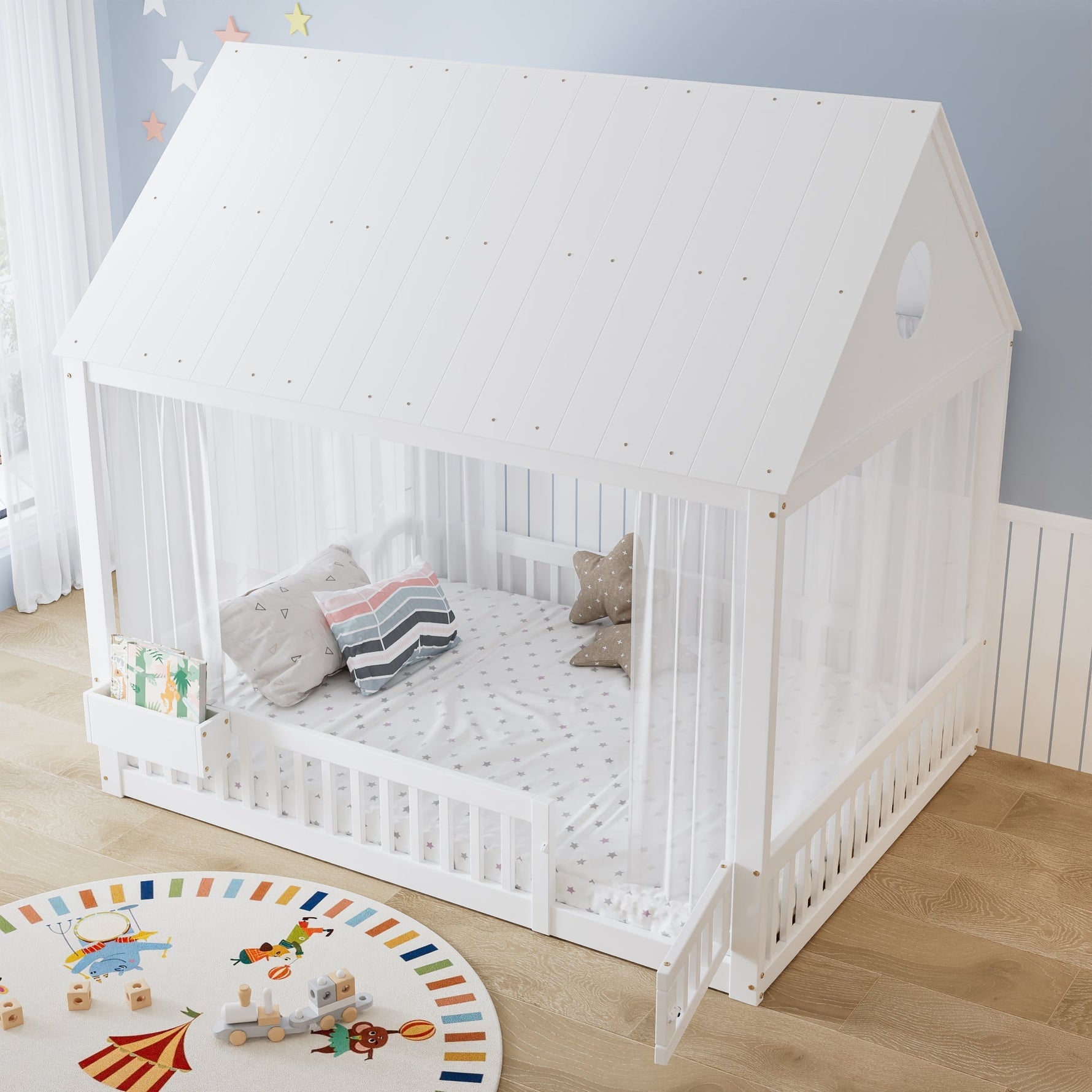 Children's Single Bed with Roof, Window, Curtains and Storage, 140x200cm, White Pine + MDF