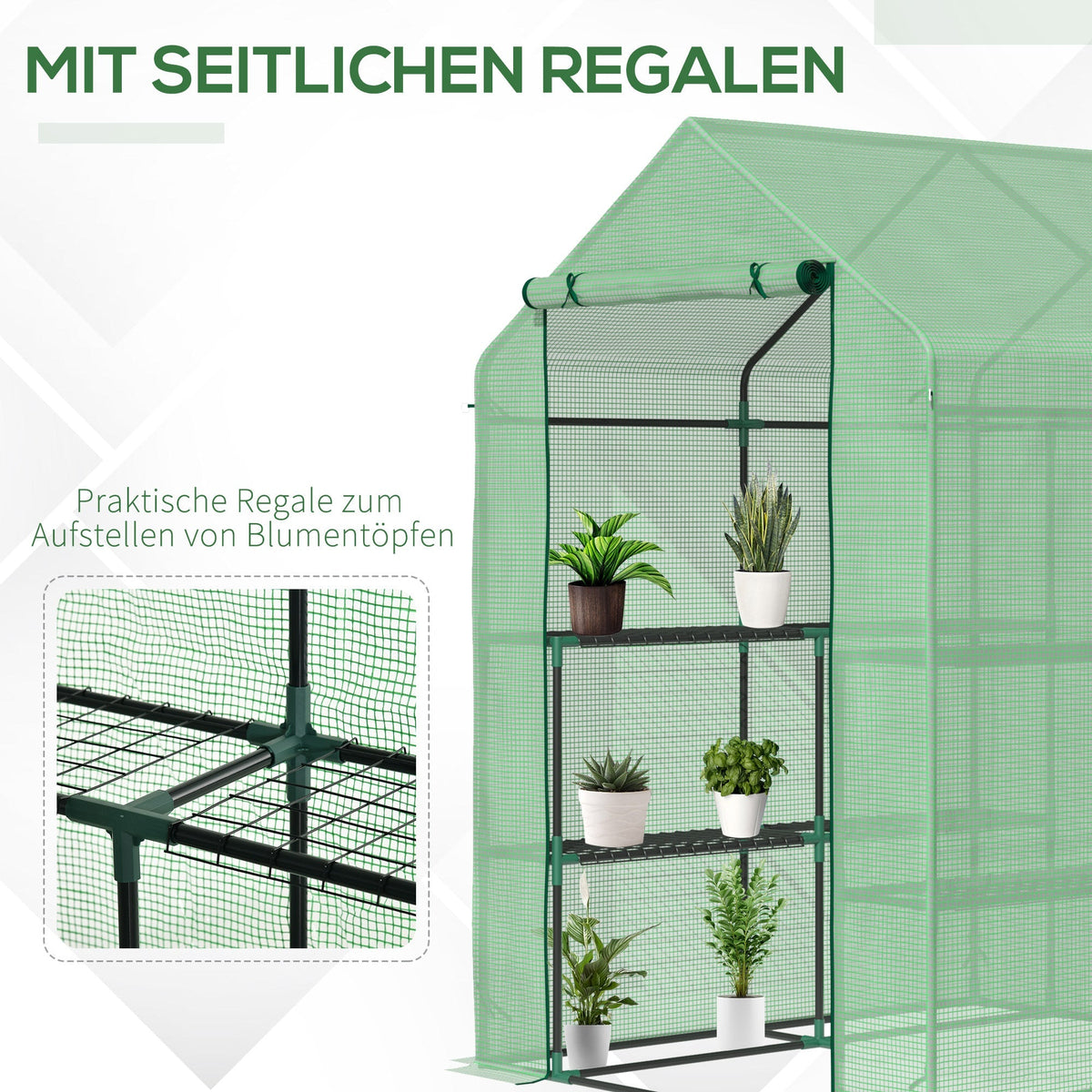 Walk-in Greenhouse, 8 Shelves for Tomatoes Optimal Plant Care, Steel & PE Plastic, Green