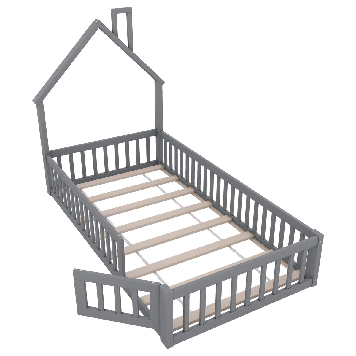House Bed 90x200 cm Children Bed Slatted Base Pine Wood Grey