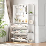 Hallway Cabinet 3-in-1 Shoe Cabinet 8 Hooks 5 Shelves - White