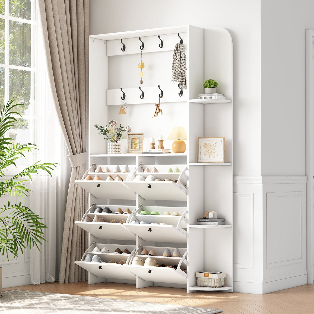 Hallway Cabinet 3-in-1 Shoe Cabinet 8 Hooks 5 Shelves - White