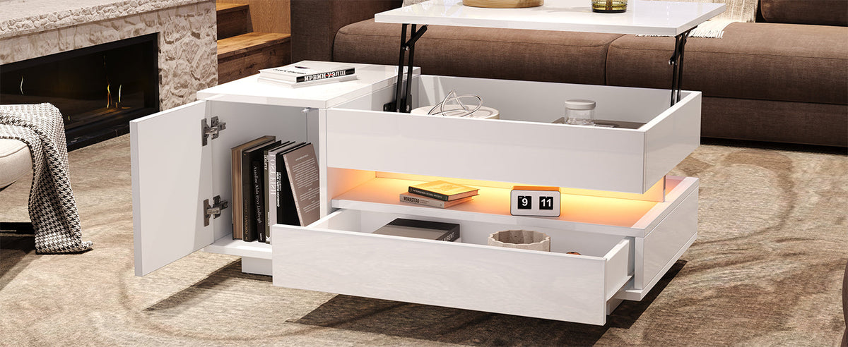 Liftable Coffee Table, 95*50*34.5cm with 1 Drawer & LED, White