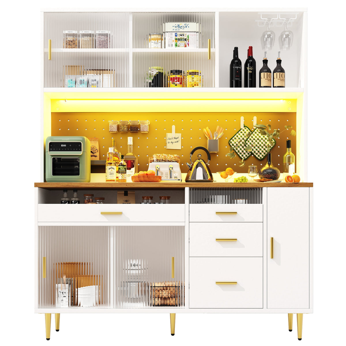 Tall Cabinet with LED Lighting and Pegboard Shelves, White