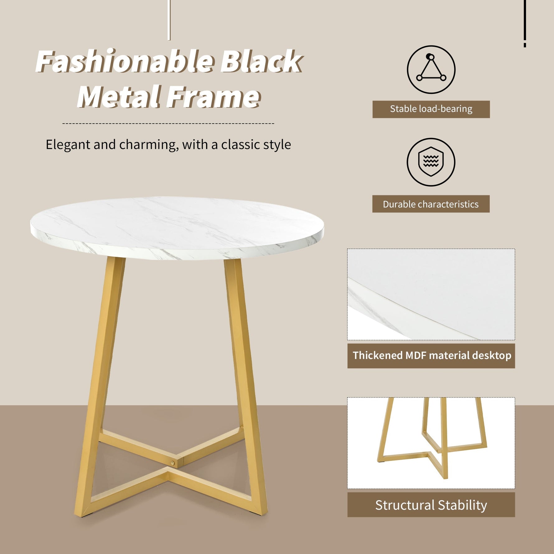 Round Dining Table Unique Metal Frame Marble Pattern White/Gold