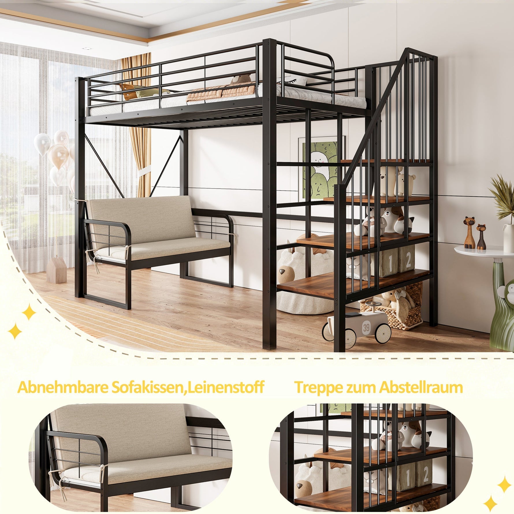 Bunk Bed with Removable Sofa, Storage and Safety Stairs, 90x200cm, Black Metal