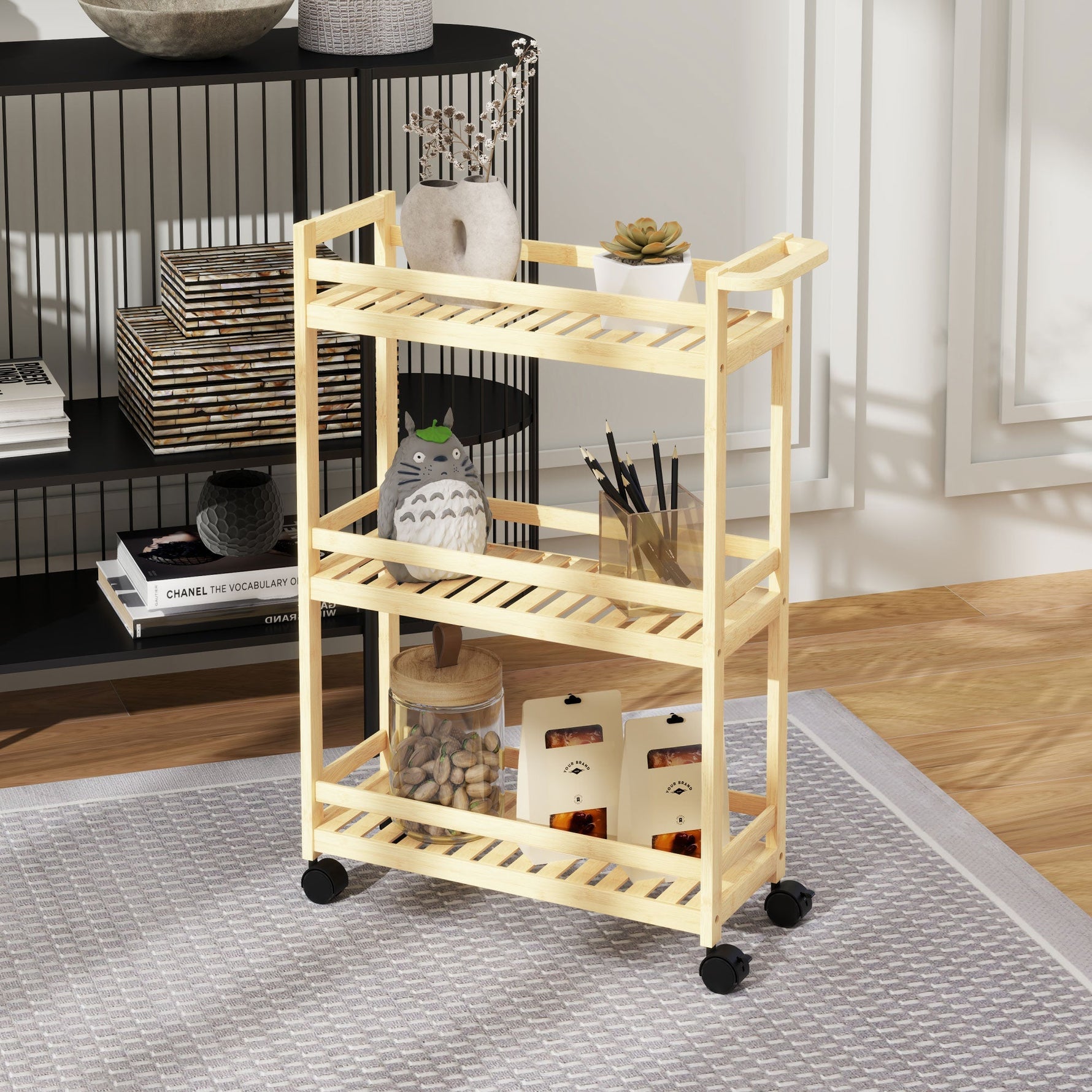 3-Tier Serving Cart, Wheels & Handle, Natural Wood