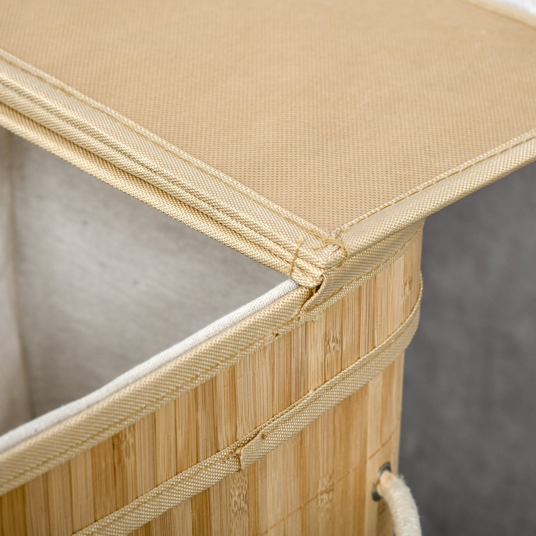 Bamboo laundry basket with lid and handles 90 liter 2 sections with removable fabric bag