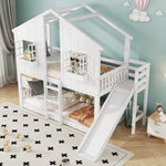 Bunk Bed with Slide, Roof & Window, Safety Gate, 3-Step Ladder, Pine + MDF, White, 90x200cm