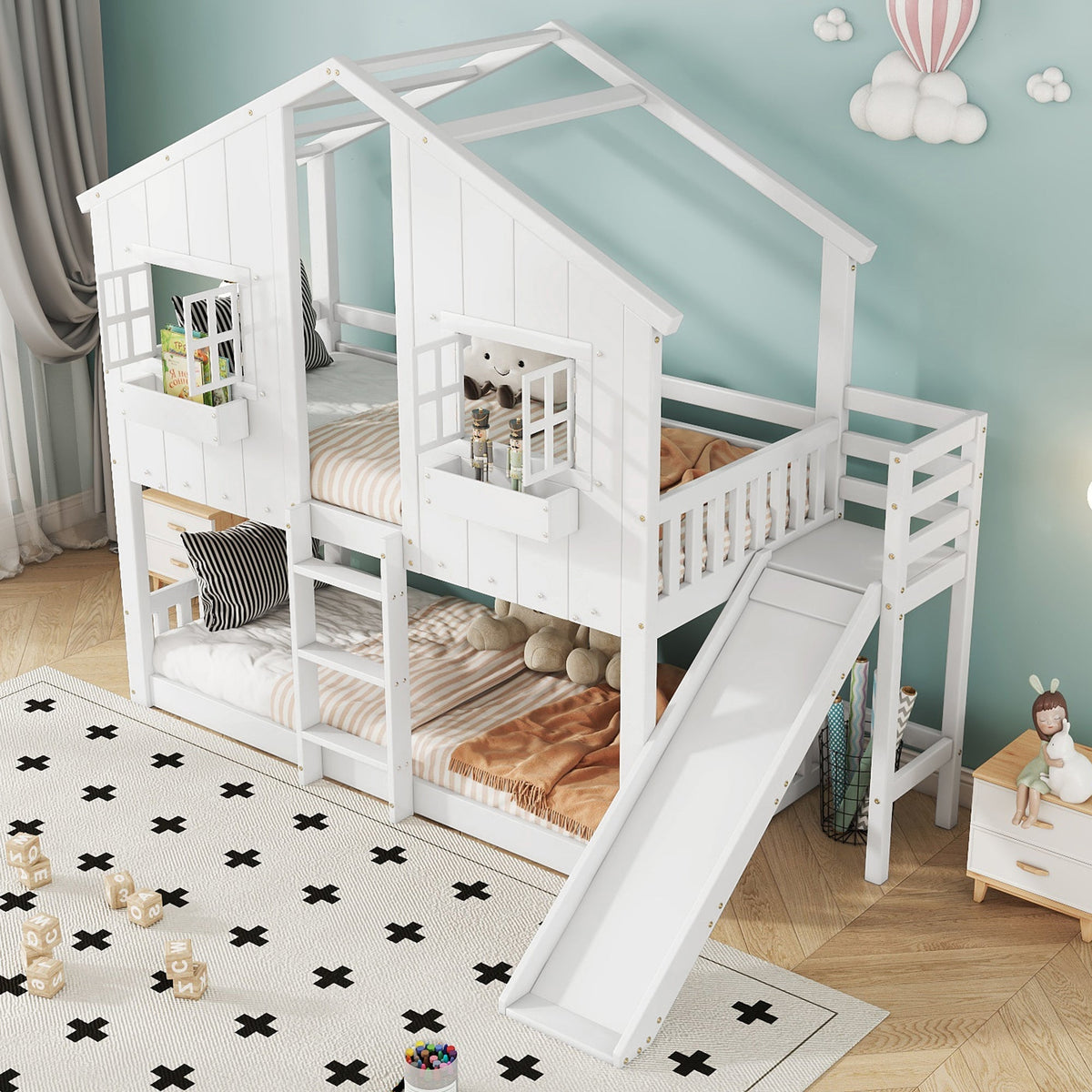 Bunk Bed with Slide, Roof & Window, Safety Gate, 3-Step Ladder, Pine + MDF, White, 90x200cm