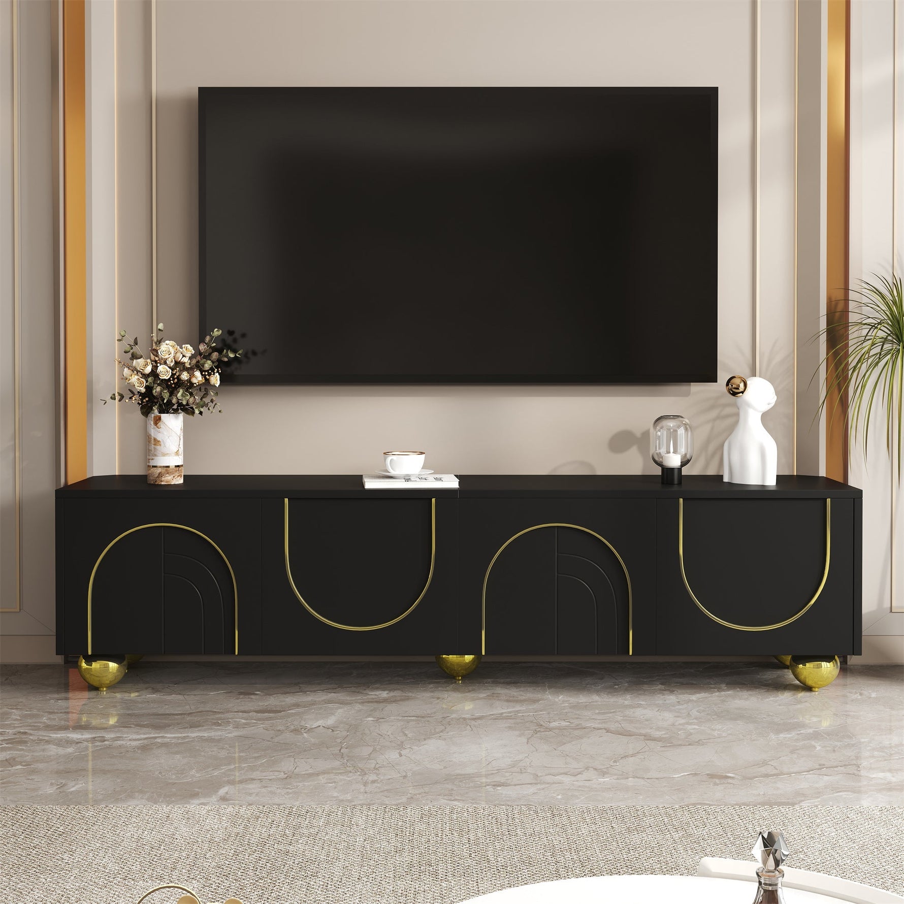 TV Cabinet Lowboard Textured Doors Shelves Push-to-Open - Gold Accents