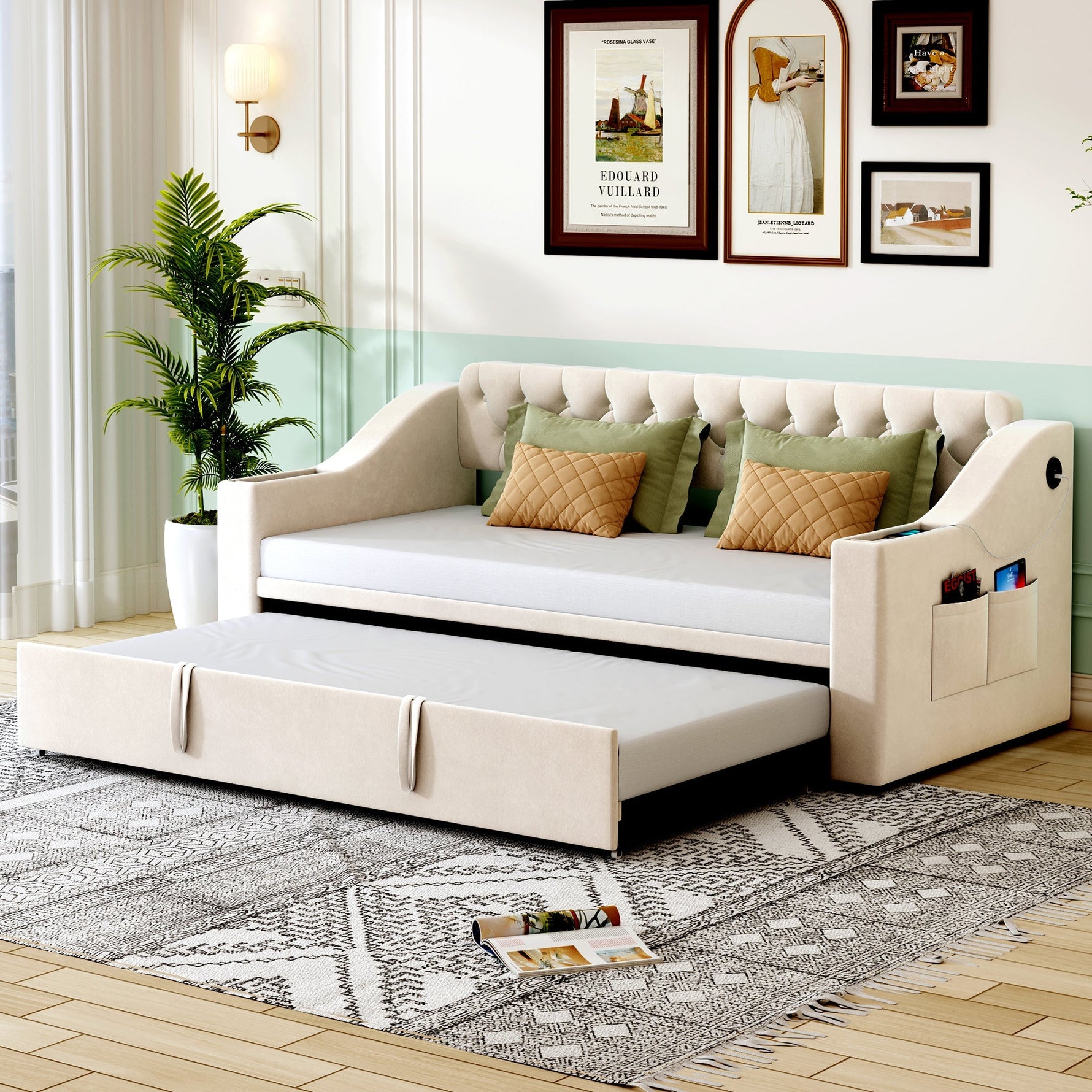 Upholstered Sofa Bed, 90/180*190cm, USB Charging, Storage, Velvet Beige