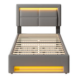 Upholstered Bed 90x190 cm with LED, USB & 4 Drawers, Grey PU