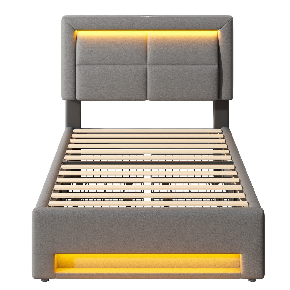 Upholstered Bed 90x200cm USB/Wireless Charging LED Lights 4 Drawers PU Lychee Pattern Grey