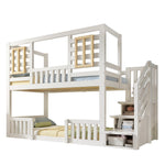 Bunk Bed with Cabin Style Windows and Staircase Cupboard, 90x200cm, White Wood