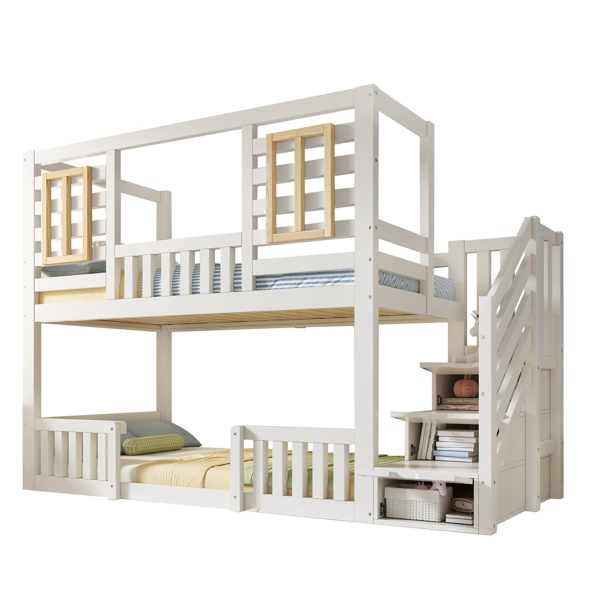 Bunk Bed with Cabin Style Windows and Staircase Cupboard, 90x200cm, White Wood