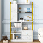 Bookcase, 6-Shelf Vertical with Doors & Drawers, Industrial Steel, White Marbled with Gold Frame