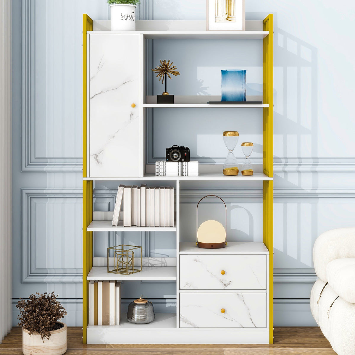 Bookcase, 6-Shelf Vertical with Doors & Drawers, Industrial Steel, White Marbled with Gold Frame