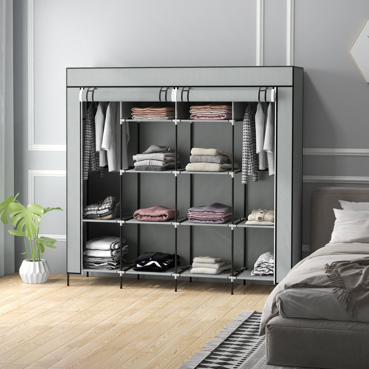Fabric Wardrobe, Clothes Rail 10 Compartments 4 Drawers, Dark Grey