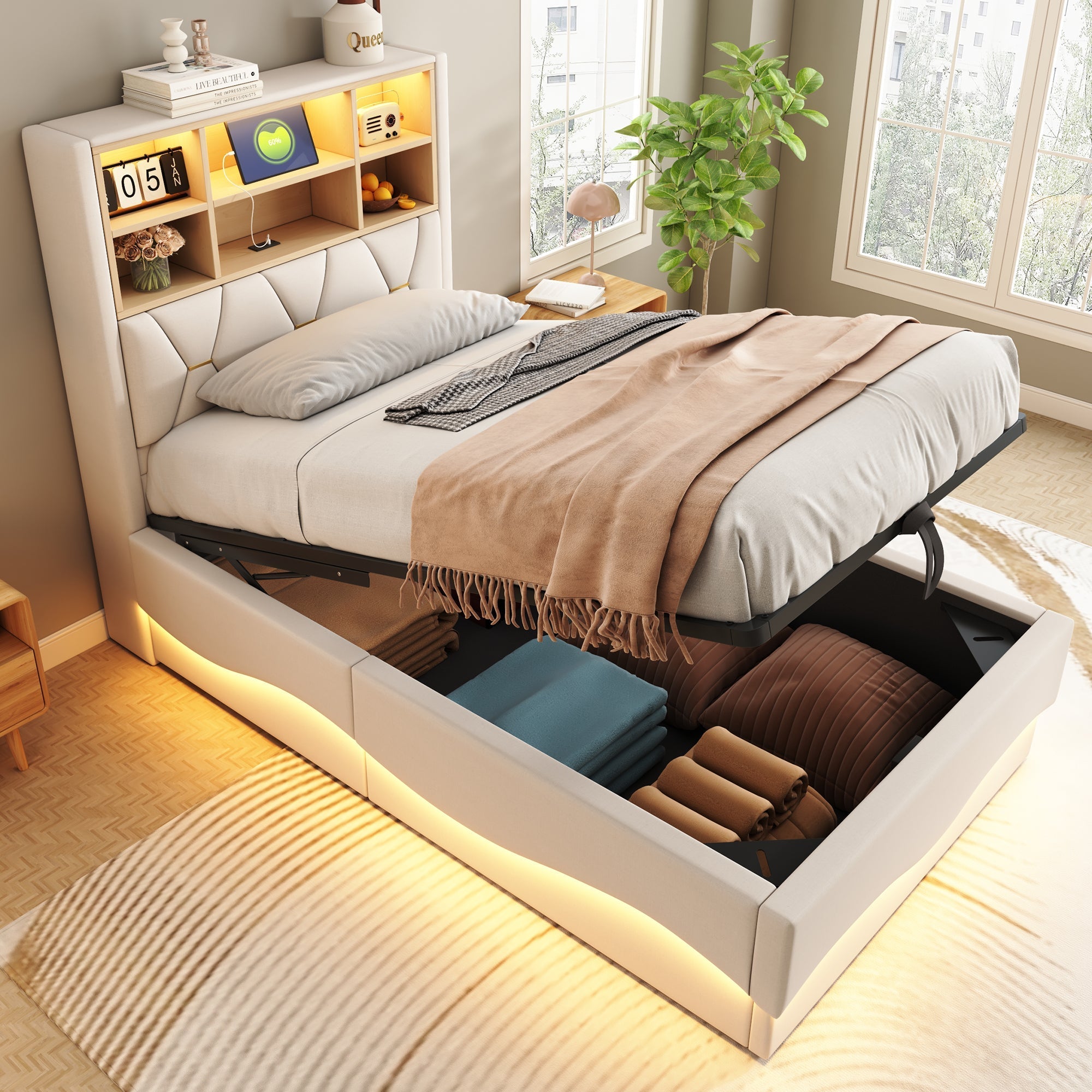 Children's Bed 90×200cm Hydraulic Storage LED USB Port, Linen Beige
