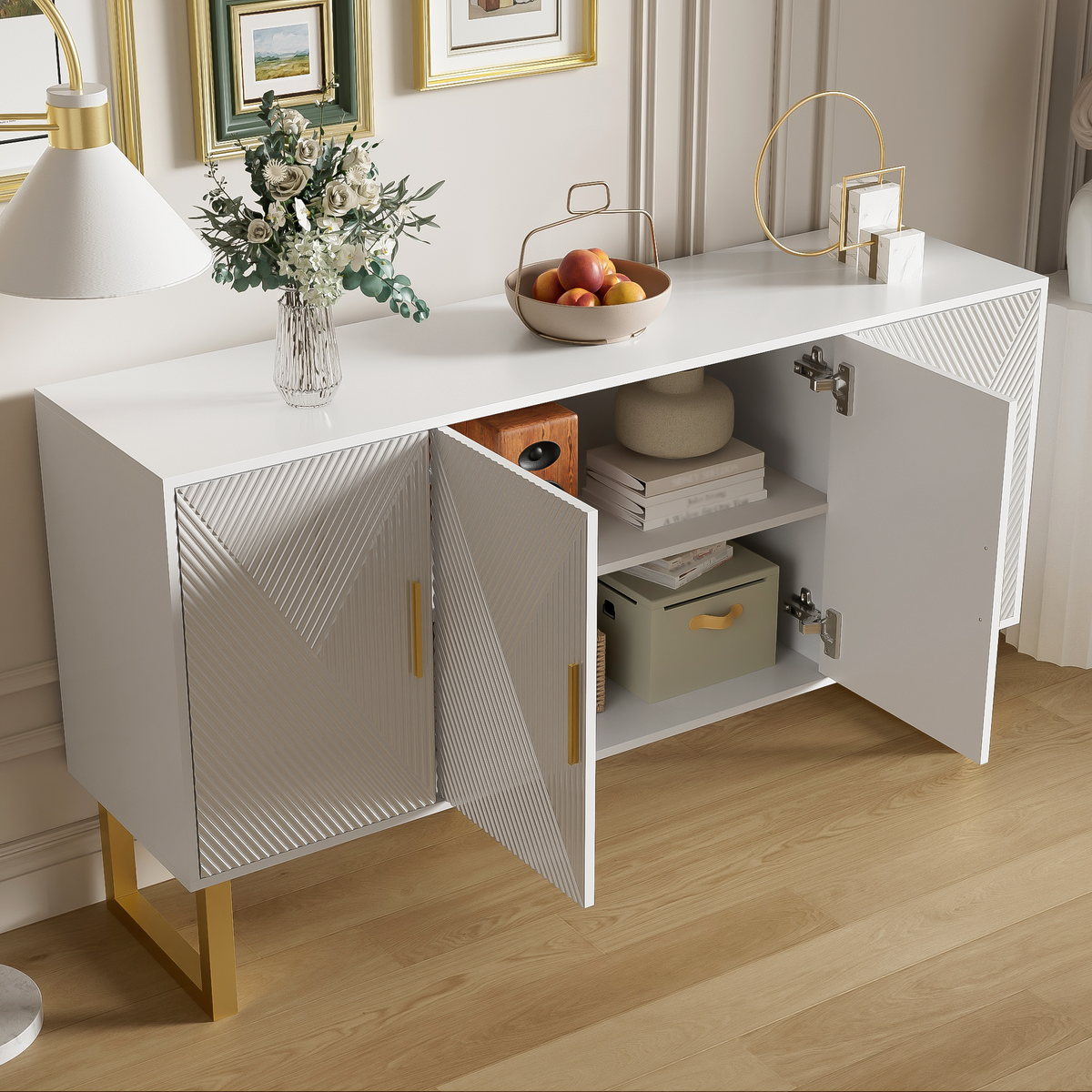 Sideboard, 150cm Modern Luxurious 4-Door with Adjustable Shelves, White High-Gloss