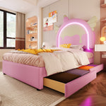 Upholstered Bed 90x200cm Unicorn Shape Light Strip 2 Drawers - PU Pink