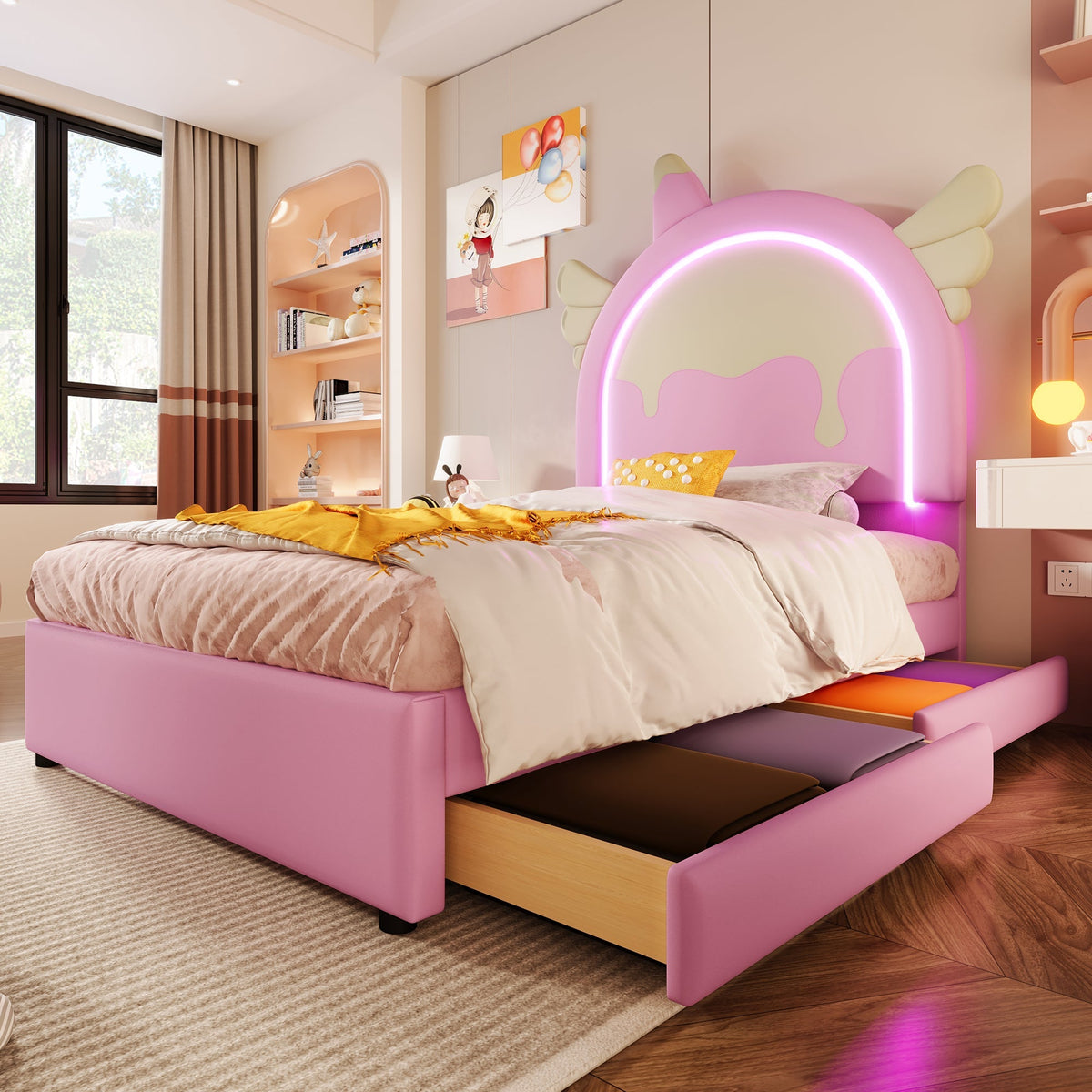 Upholstered Bed 90x200cm Unicorn Shape Light Strip 2 Drawers - PU Pink