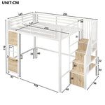 Loft Bed 140x200 cm with Storage Ladder, White Iron Frame