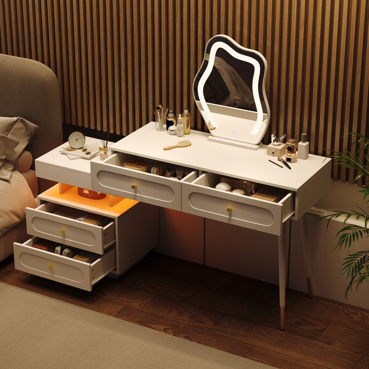 Dressing Table Set with LED Mirror & 4 Drawers, White