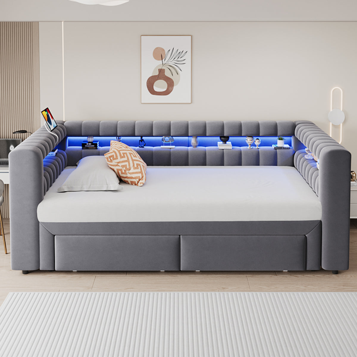Upholstered Sofa Bed with Drawers & LED, Dark Grey Velvet