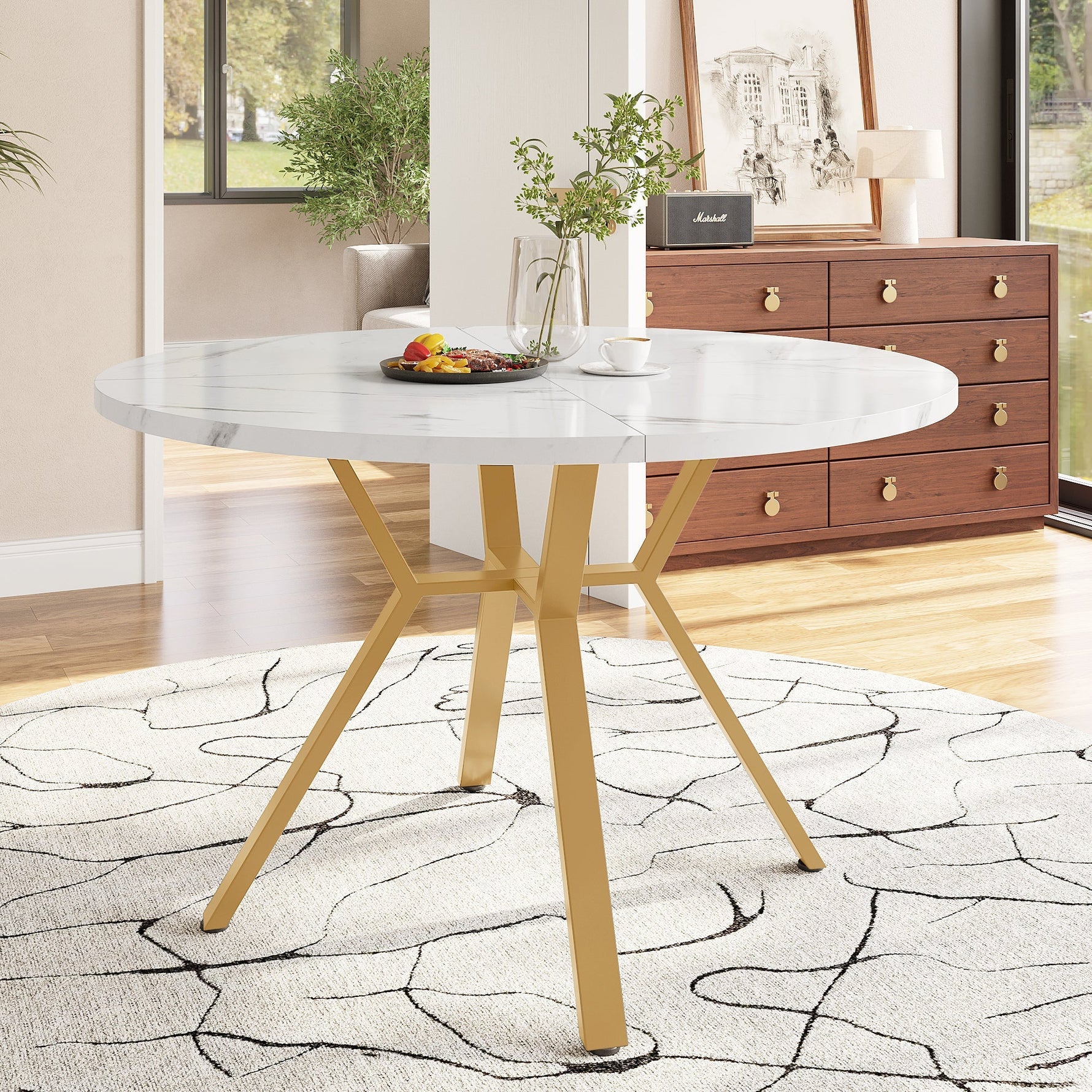 Dining Set 5-Piece Round Marble Table 4 Velvet Chairs - Grey