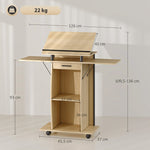 Rolling Podium Stand, Folding Side Wings & Shelves, Oak