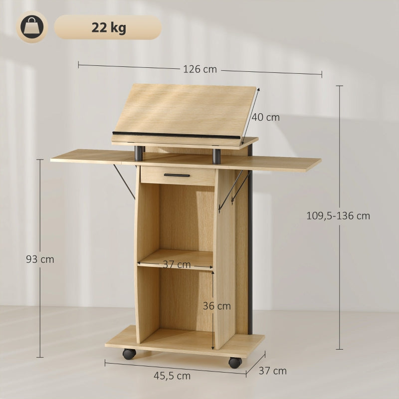 Rolling Podium Stand, Folding Side Wings & Shelves, Oak