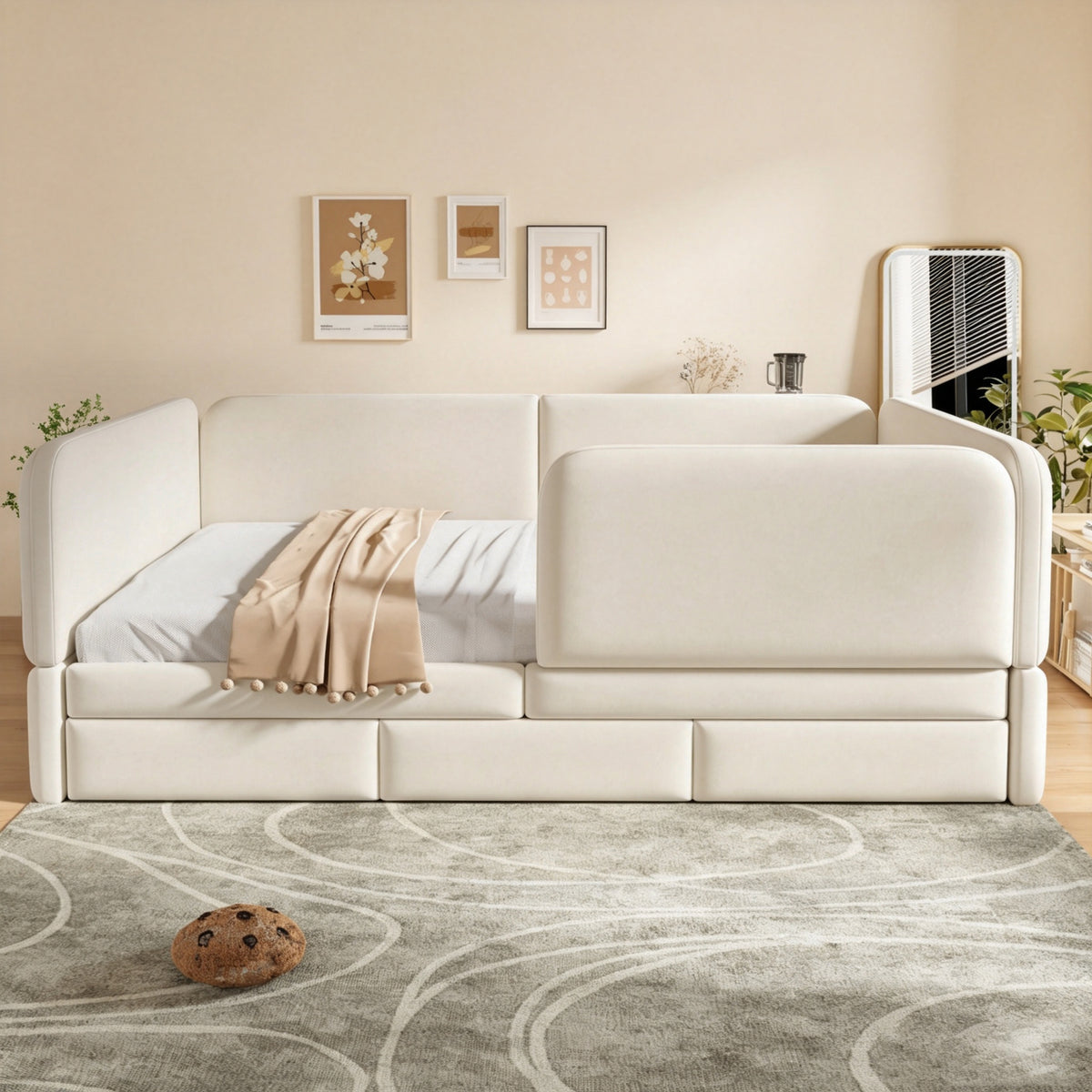 Upholstered Children's Bed 140x200cm with Drawer, Beige Velvet
