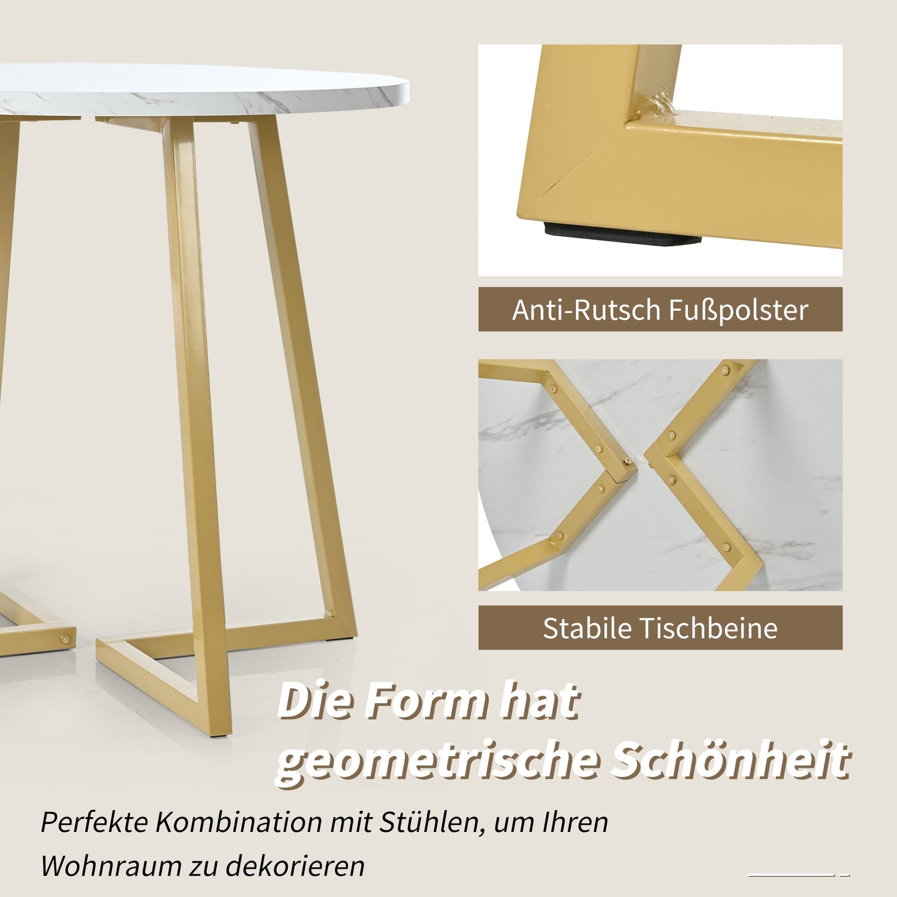 Round Dining Table Unique Metal Frame Marble Pattern White/Gold