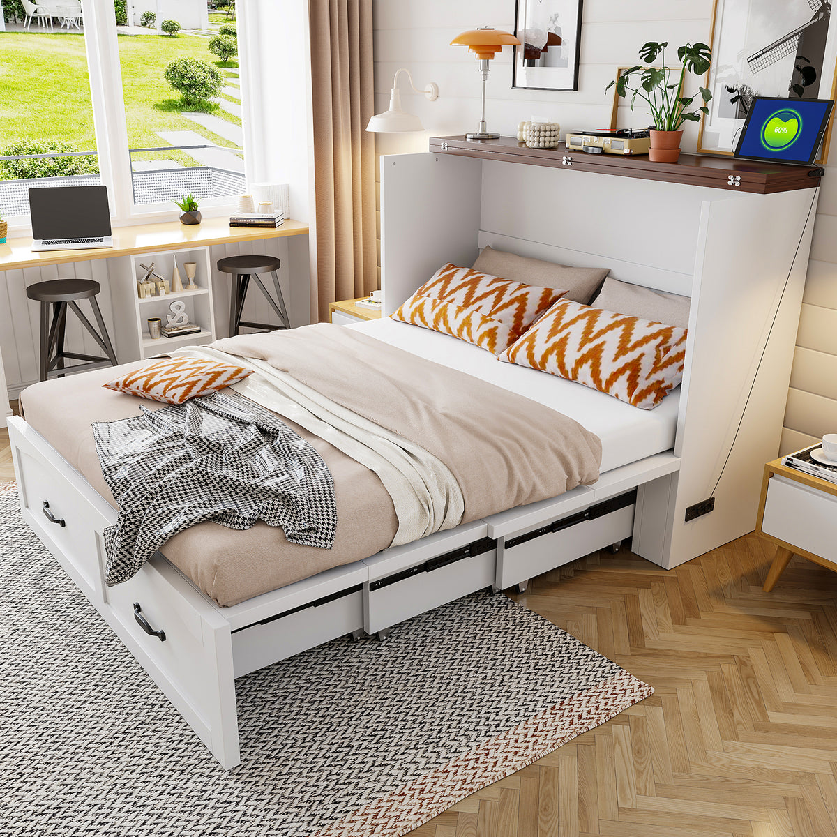 Folding Bed 140x200cm with Storage & Socket, White Metal Frame