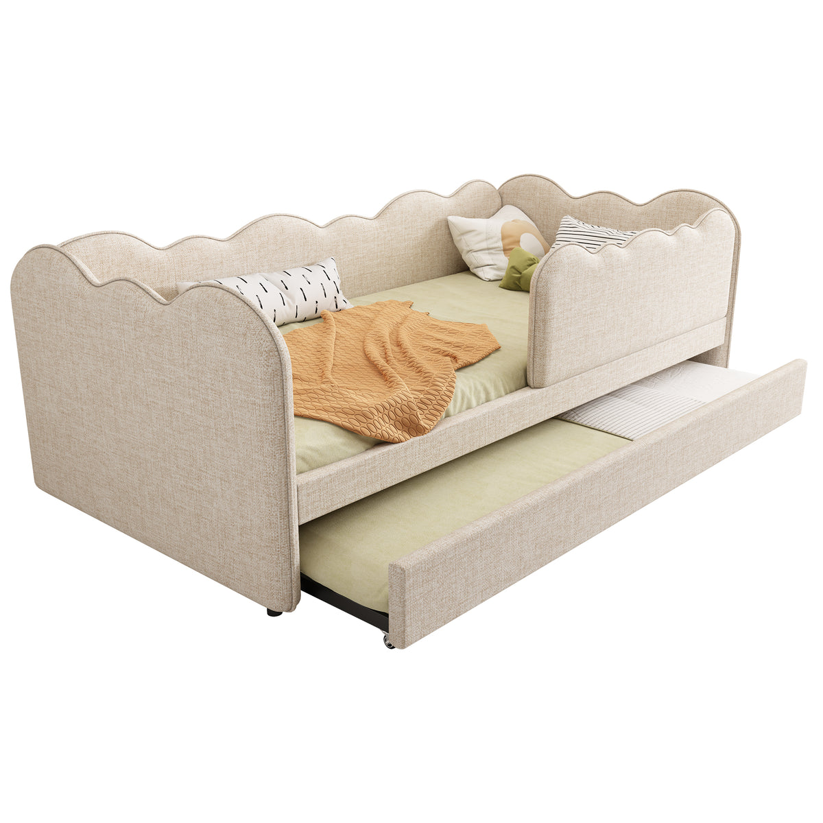 Upholstered Single Bed 90x200cm with LED & Storage, Beige Velvet
