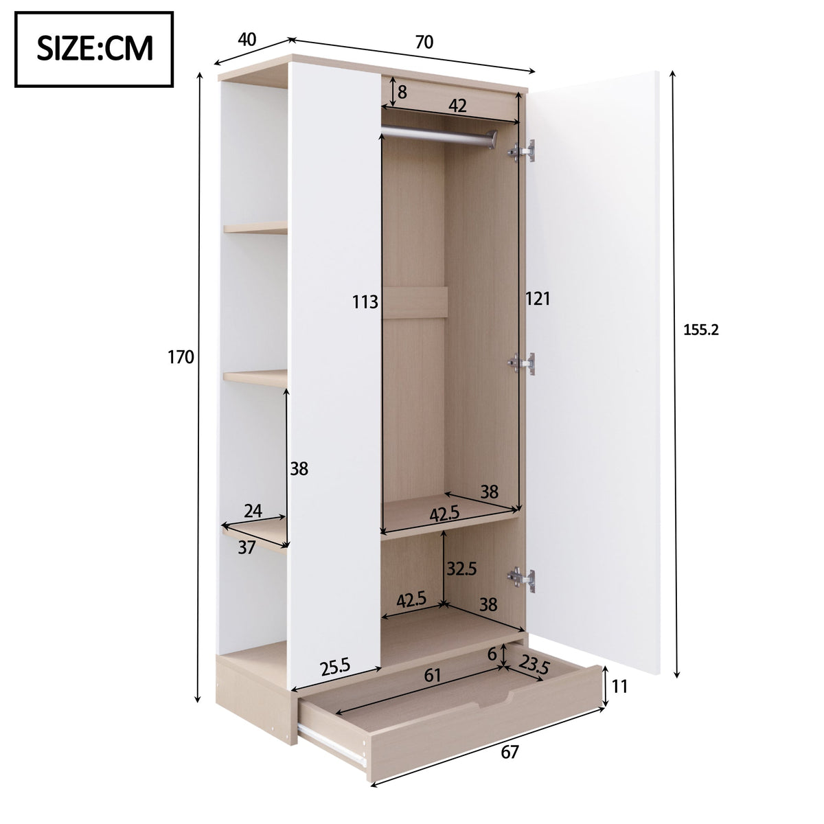 Wardrobe 70x40x170cm Single Door with Shelves and Drawers, Natural Wood/White