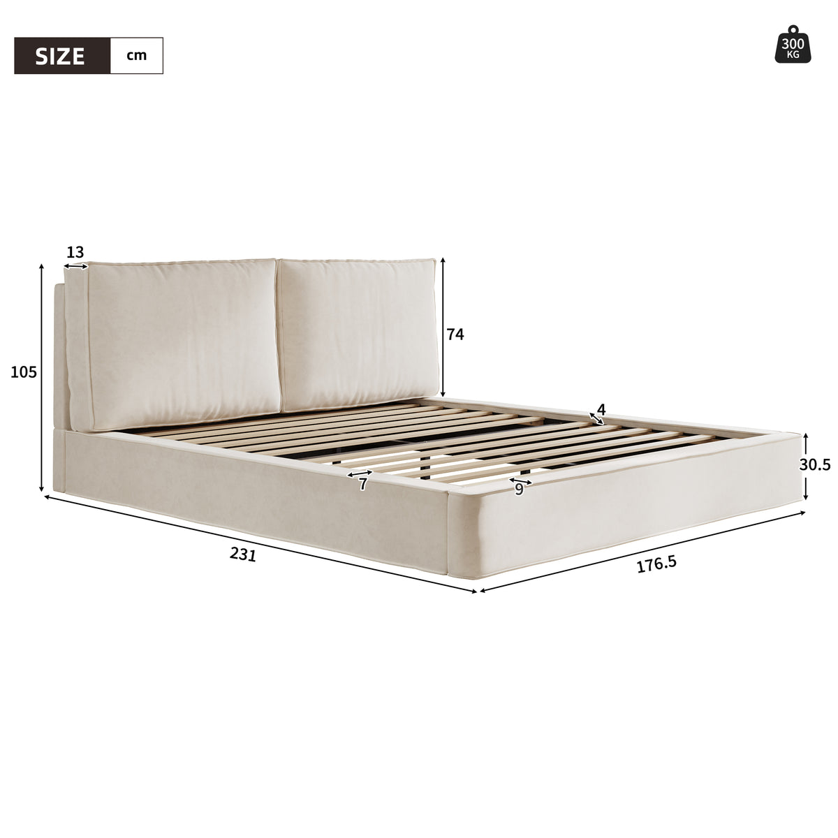 Upholstered Double Bed 160x200cm, Slatted Base, Beige Chenille
