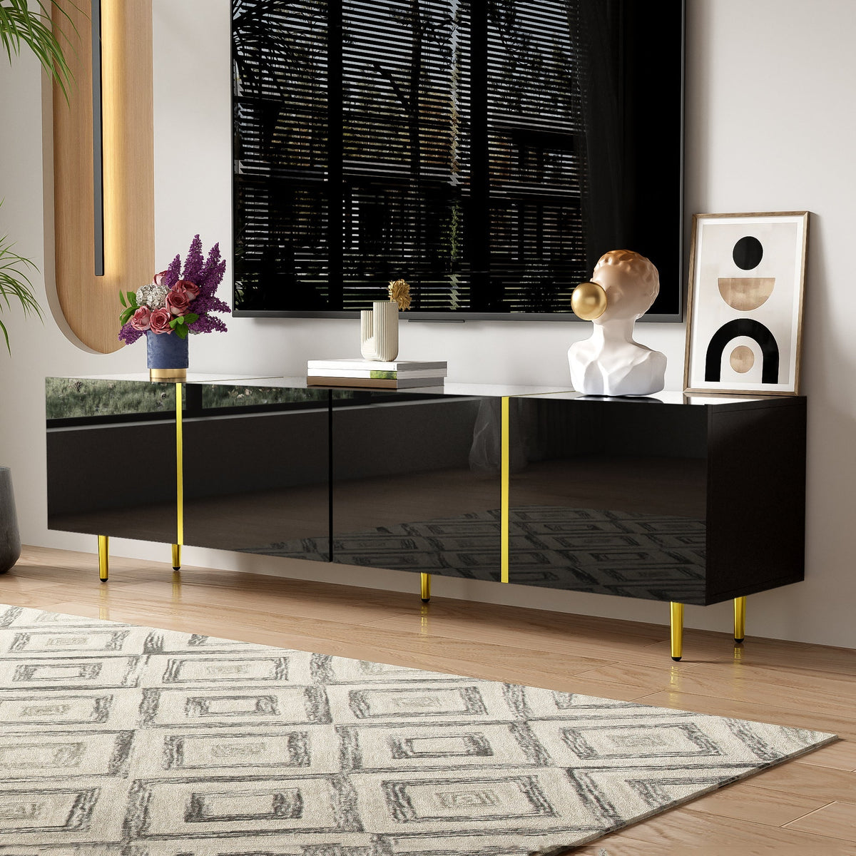 TV Cabinet, Modern 4-Door, High-Gloss Black and Gold