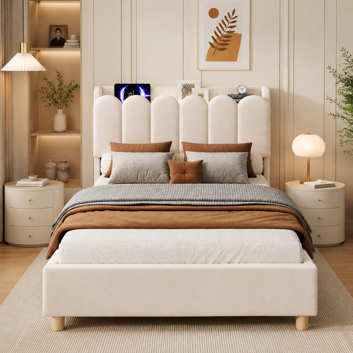 Upholstered Single Bed 90x200cm with USB & Lamp, Beige Velvet